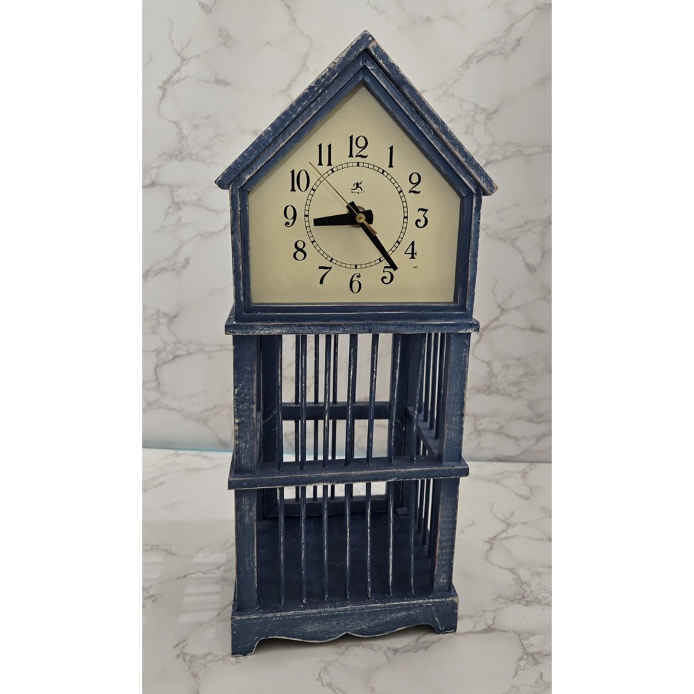 Wood Clock Bird Cage (Blue) No‎ Glass Table Clock. 16.5" Tall
